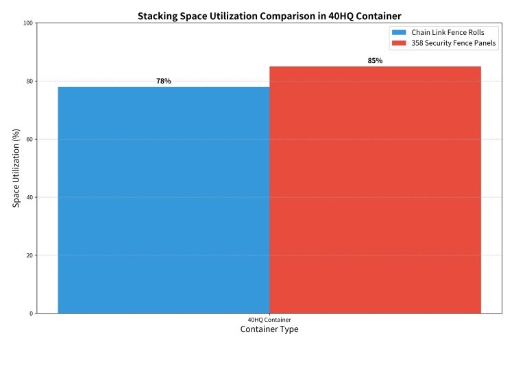 Visual chart comparing stacking space utilization of Chain Link Fence rolls and 358 Fence panels in a 40HQ container.