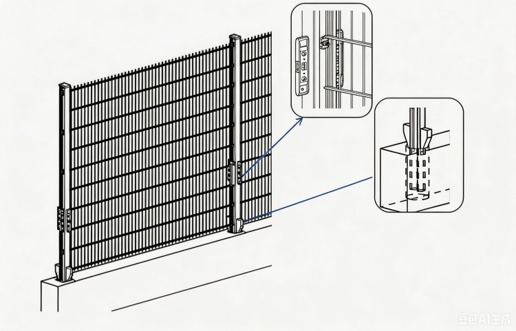 Step 5: Post Alignment and Final Securing Check the post alignment using a spirit level, both along the fence line and perpendicular to the fence line; After the post has been aligned, secure both sides of the post along the fence line with triangular wooden wedges; Once all fence panels and posts are correctly positioned, tighten all carriage bolts and snap off all breakaway nuts.