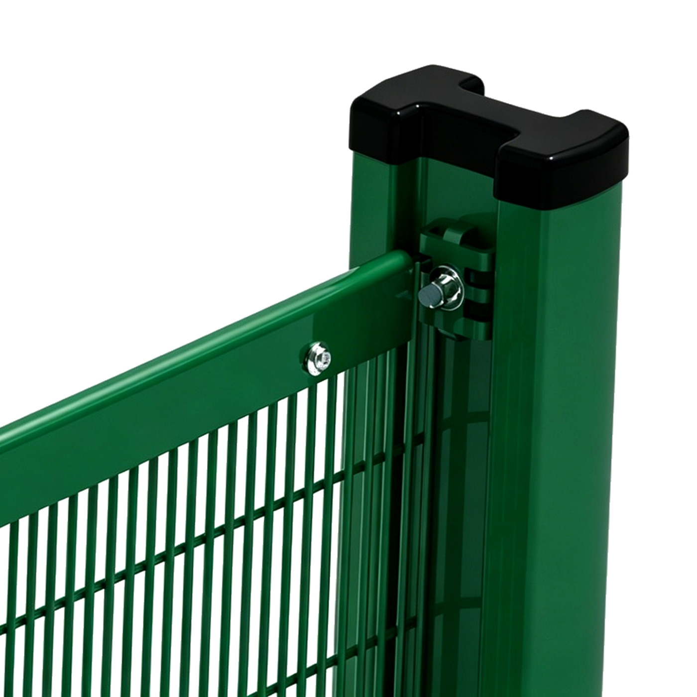 Dedicated clamp and tamper-resistant bolt connecting a 358 mesh panel to an I-section post