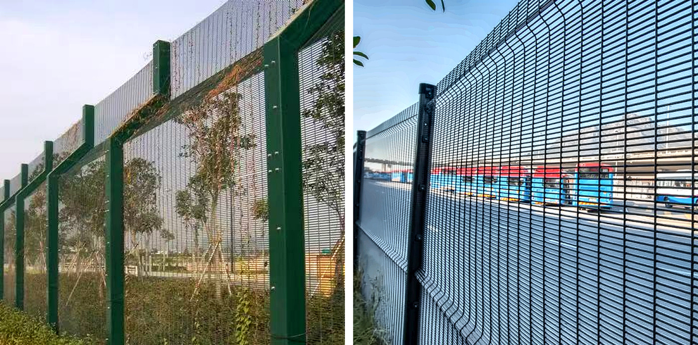 Comparison of a square hollow-section post 358 fence on the left and an I-section post 358 fence on the right