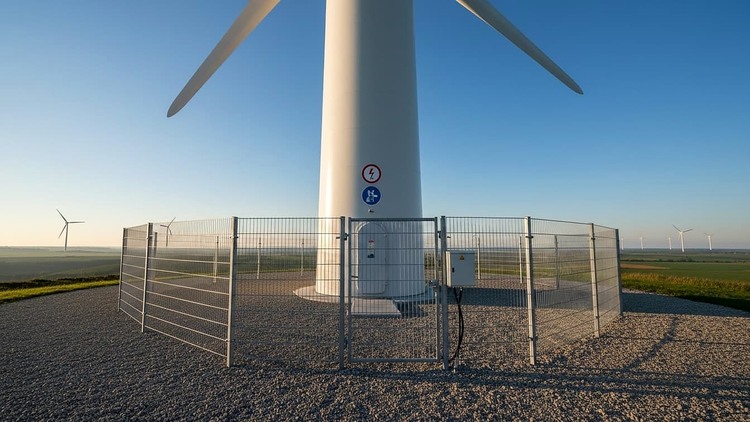 Cierre de malla metálica rígida que protege el equipo en la base de una turbina de viento