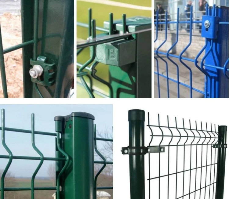 Details of 3D welded mesh fence panels attached to steel posts with clips