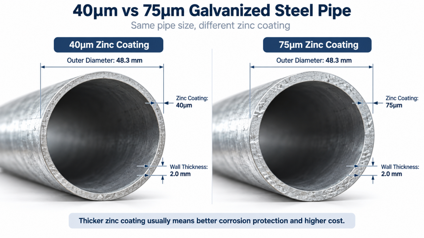 40 micrometre versus 75 micrometre galvanized steel pipe comparison with the same pipe size